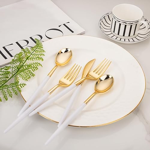 Miniatura 3 de I00000 60 cubiertos de plástico dorado  Cubiertos de plástico dorado resistente  Juego de cubiertos desechables incluye 20 tenedores dorados, 20