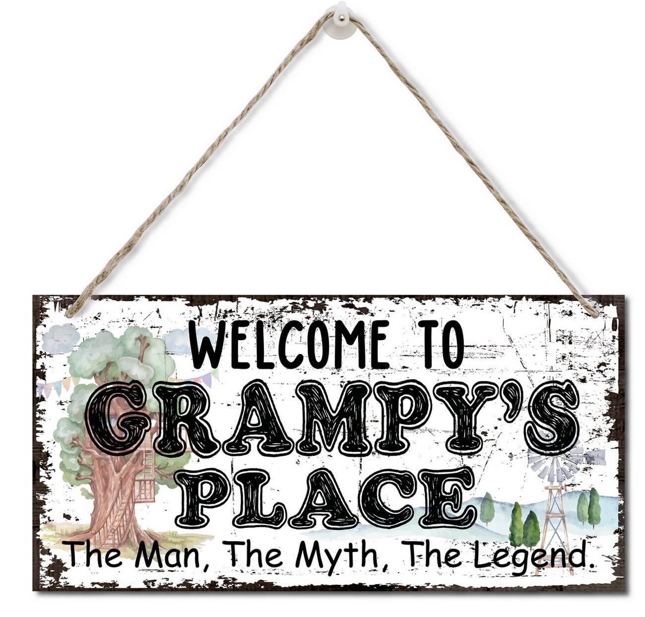 Vintage Style “Welcome to Grampy's Place The Man, The Myth, The Legend” Decor Sign — Printed Wood Plaque Sign Wall Hanging — Hanging Wood Sign Home Decor, Father's Day Gift for Grandpa (12" x 6")