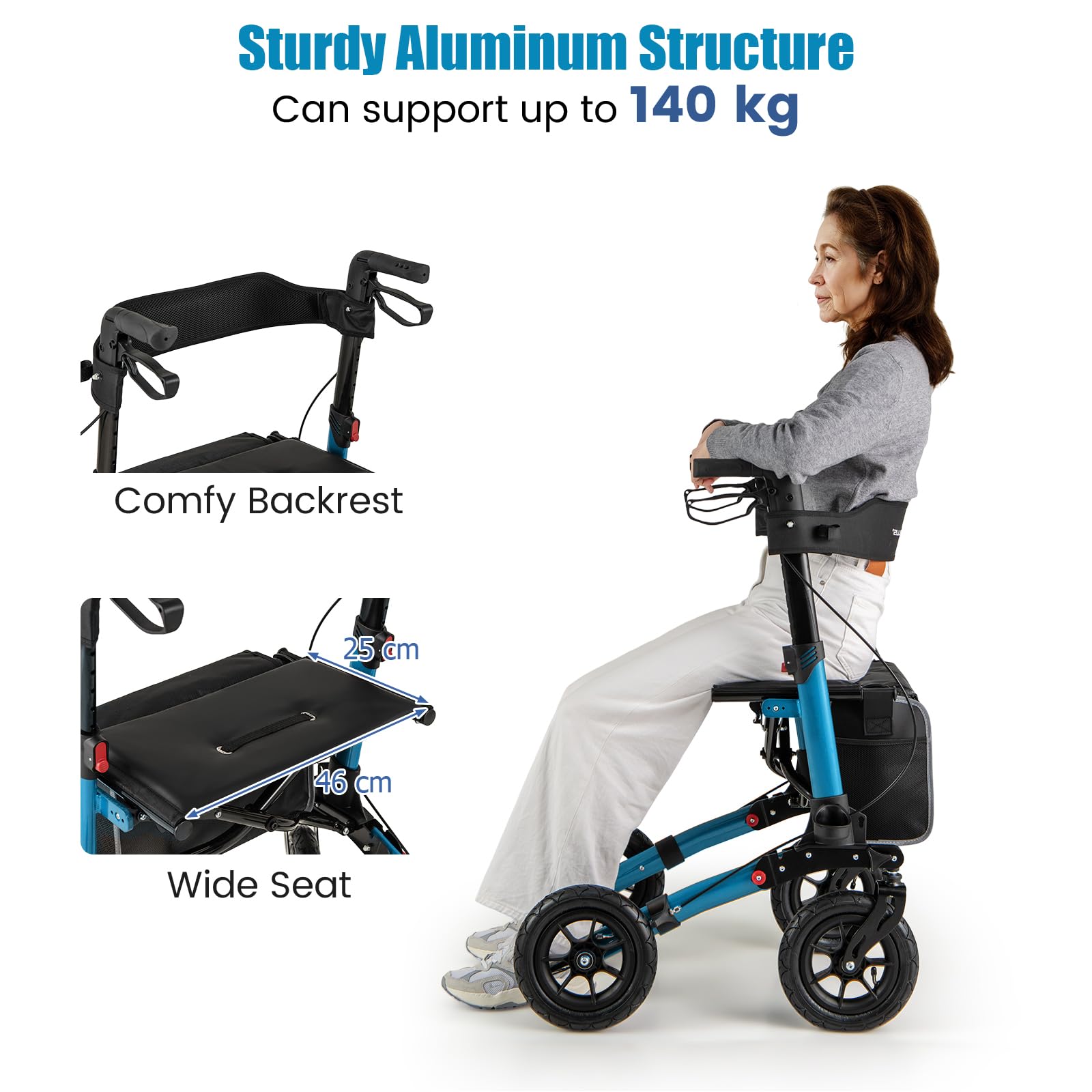 HOMASIS 2 in 1 Deambulatore per Anziani con Seduta, Deambulatore Pieghevole e Regolabile in 7 Altezze, Carrello Rollator in Alluminio per Anziani da Viaggio con Borsa, Fino a 140 kg (Blu)