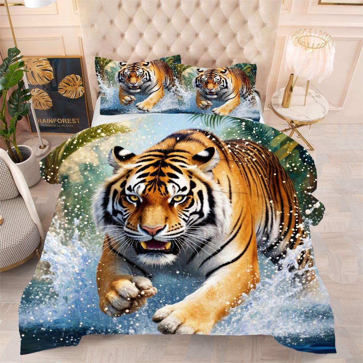 Kołdra 200 x 200 cm Żółty Tygrys Kołdra bez poszewki 2 osoby z mikrofibry, kołdra o wysokiej temperaturze, można prać w pralce, 2 poszewki na poduszki 65 x 65 cm