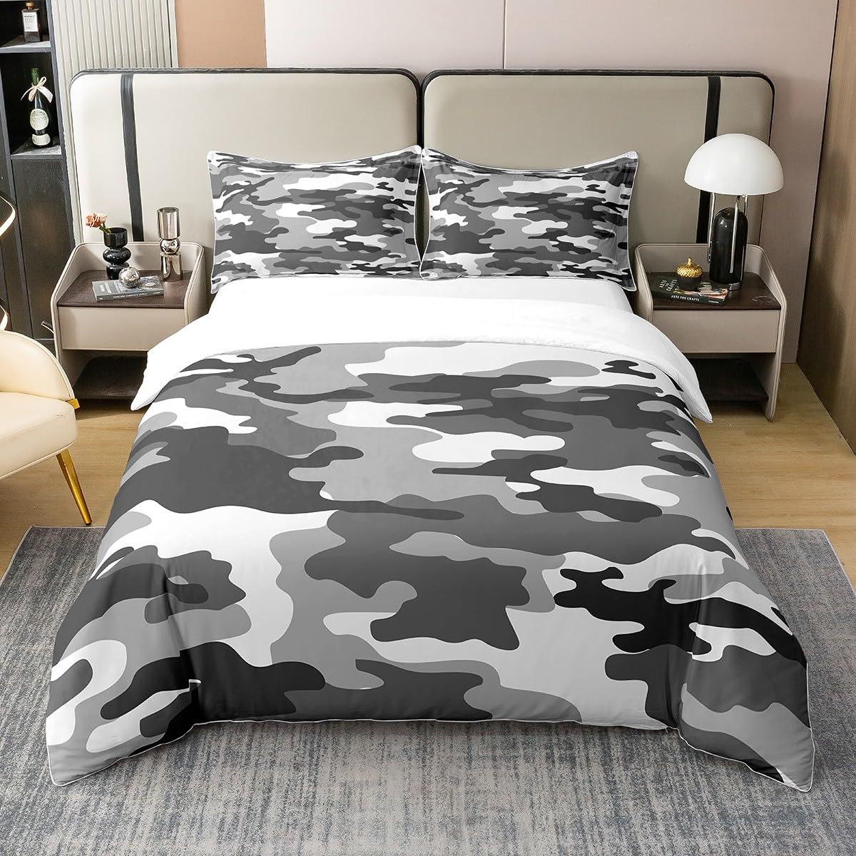 Parure de lit noir et blanc motif camo en pur coton respirant 200x200