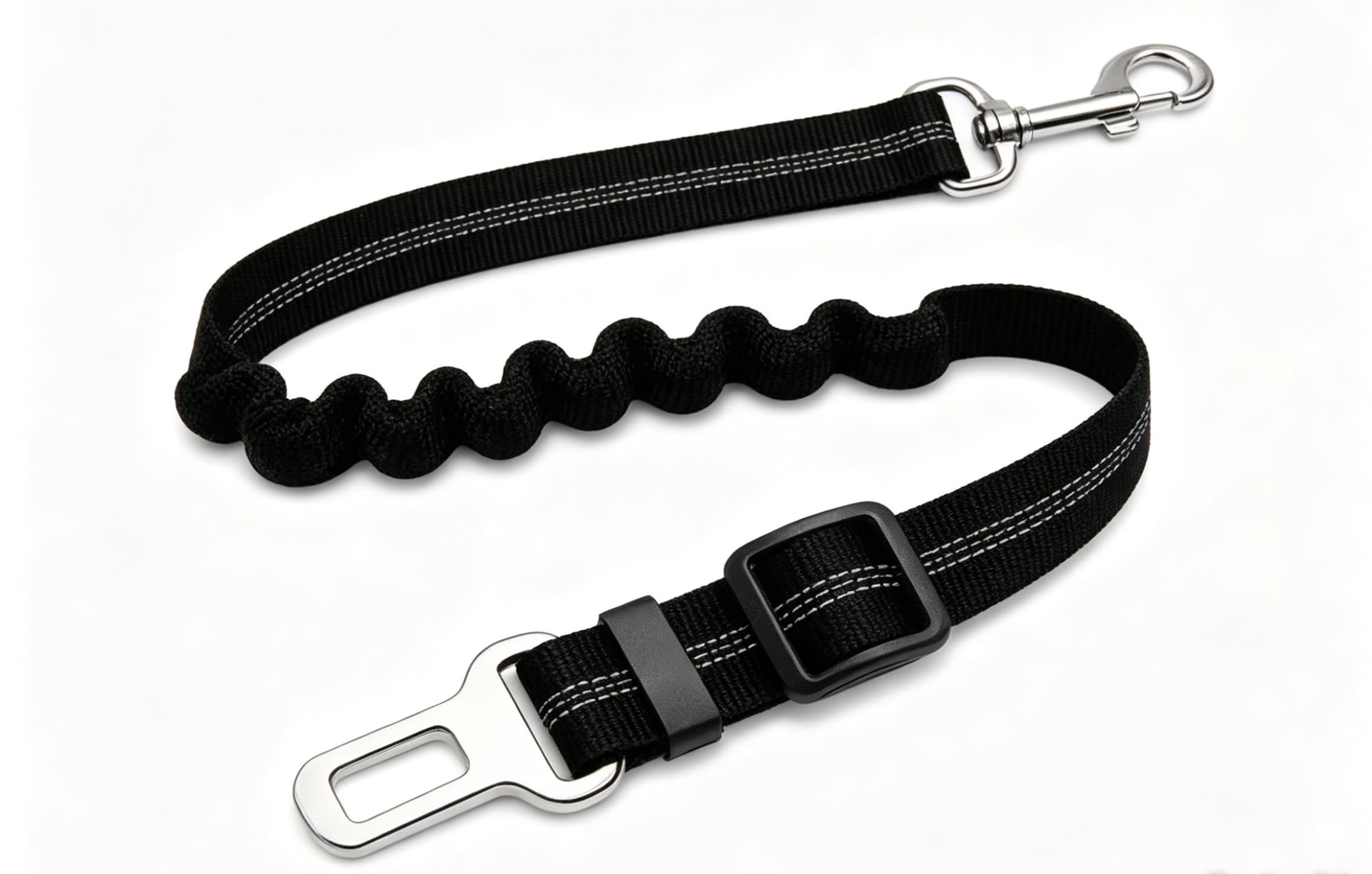 Dog Seat Belt for Cars – Adjustable Safety Restraint with Elastic Bungee Shock Absorber, Reflective Stitching, Heavy Duty Swivel Clip, Black