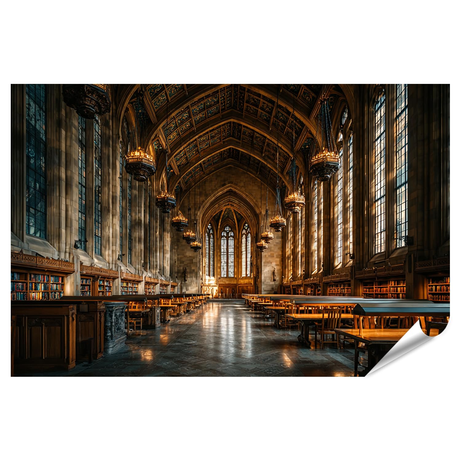 islandburner Poster de qualité supérieure - Magnifique intérieur de bibliothèque avec lumière chaude et détails historiques - Grand format