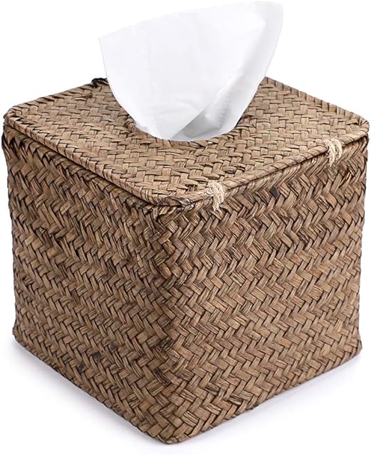 BSTKEY Household Cube Seagrass Facial Tissue Box Decorative Woven Paper Holder, Coffee