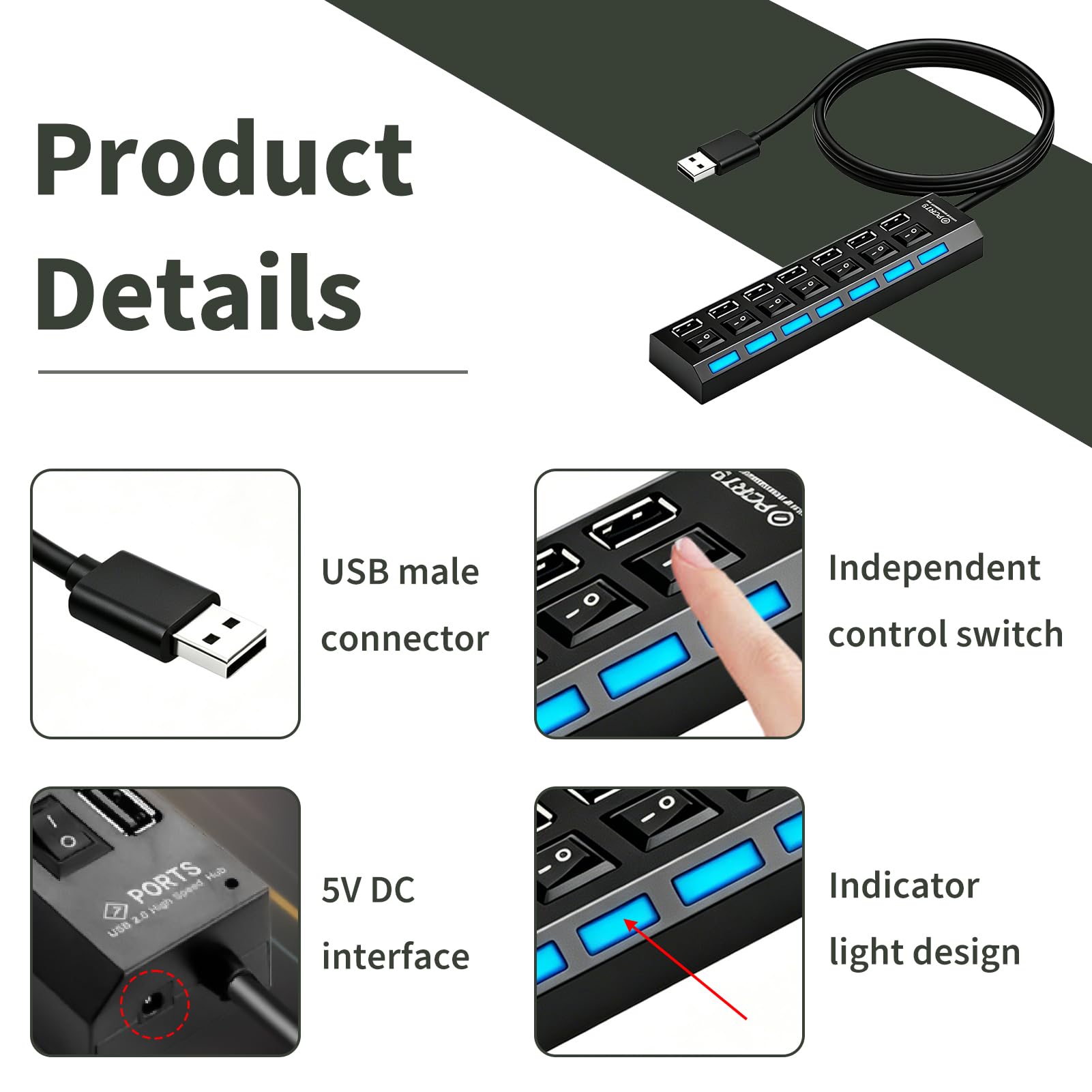 Hub USB a 7 porte, Hub con Interruttori LED Individuali, Hub Multipresa USB 2.0 per PC Mac Laptop Mouse Tastiera Hard Disk, Stampante, Trasferimento Dati 480 Mbps, Compatto e Portatile