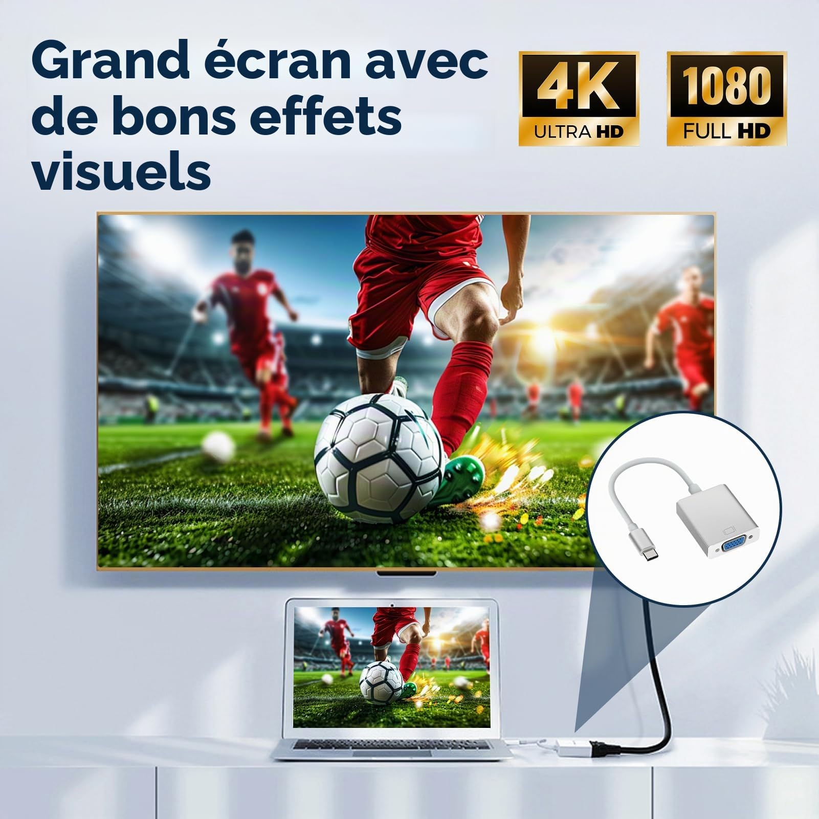 Adaptateur USB C vers VGA, Compatible Thunderbolt 3/4, Convertisseur Mâle vers Femelle, Résolution 1920x1200 pour MacBook Pro/Air, iPhone 15 Plus Pro Max, Boîtier en Aluminium, Accessoires Multimédia