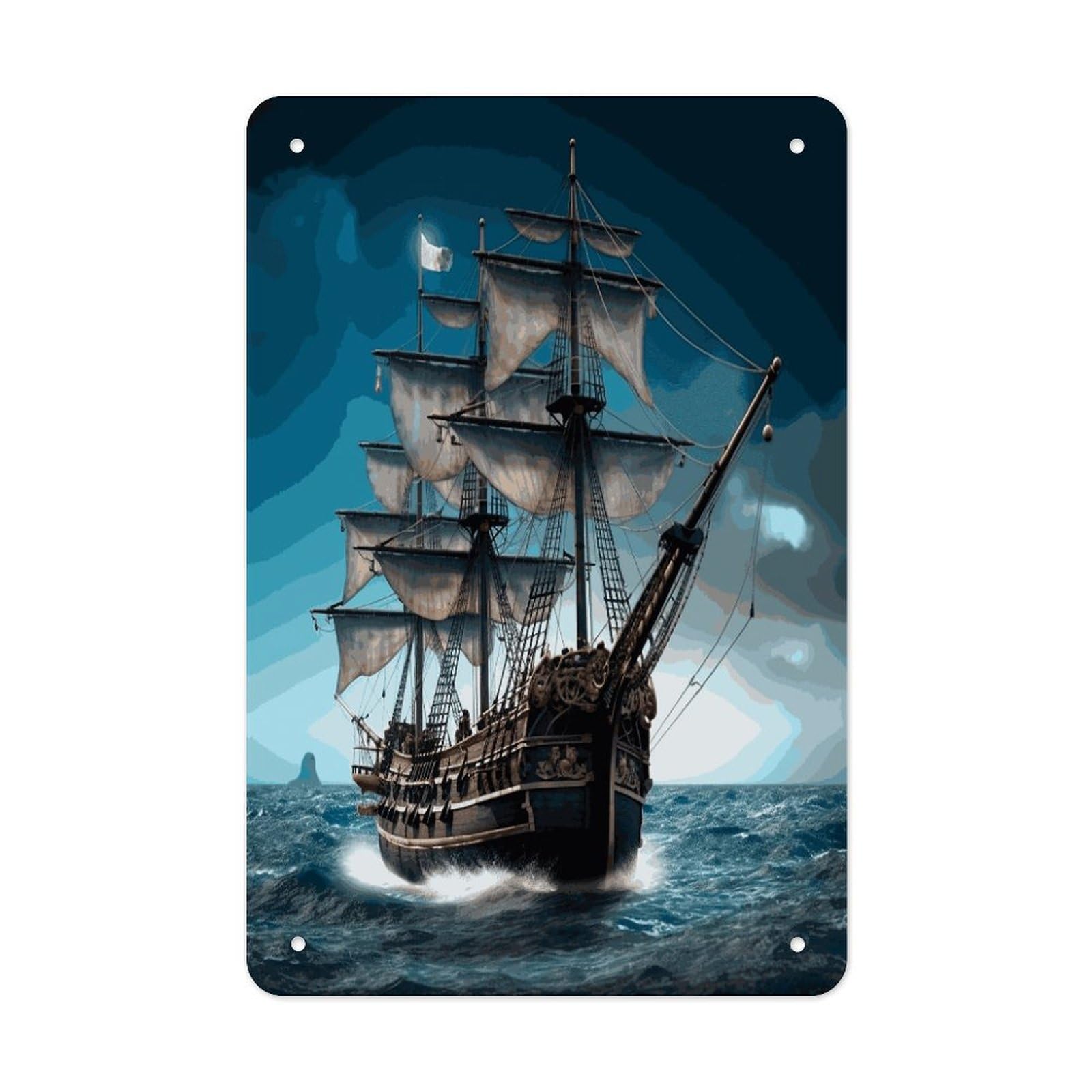 LDGSUPH Pirate Ship Wall Art Prints Folded Edge Iron Sheet Painting with Holes for Wall Prints Decorative Picture Metal Signboard Decor Painting for Outdoor Indoor Wall Decor
