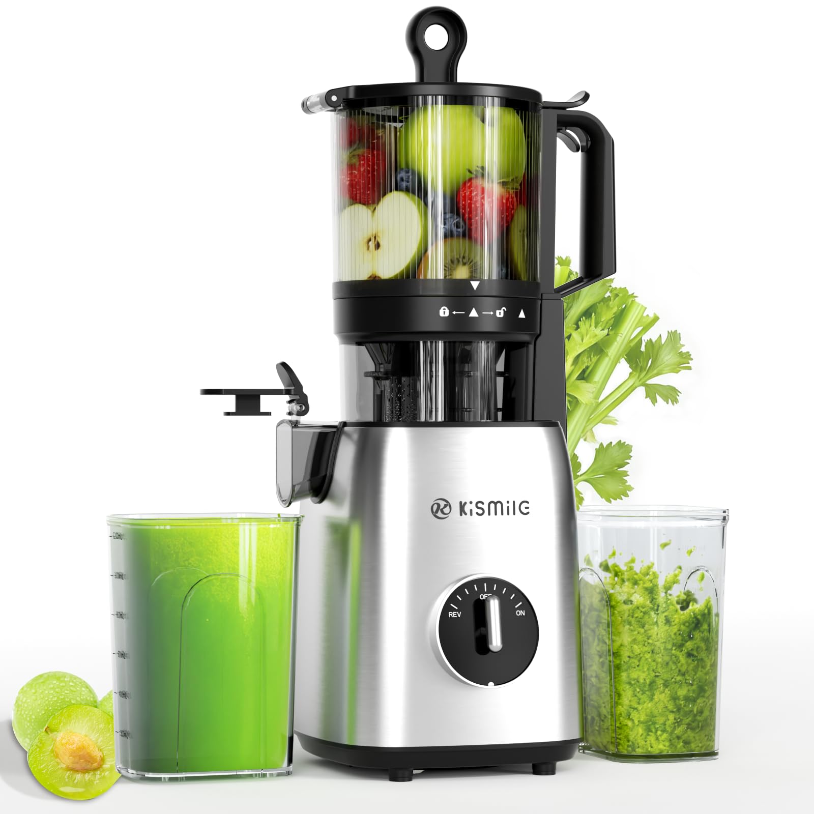 Kismile Knob Cold Press Juicer Machine, 135mm Large Feed, 300W