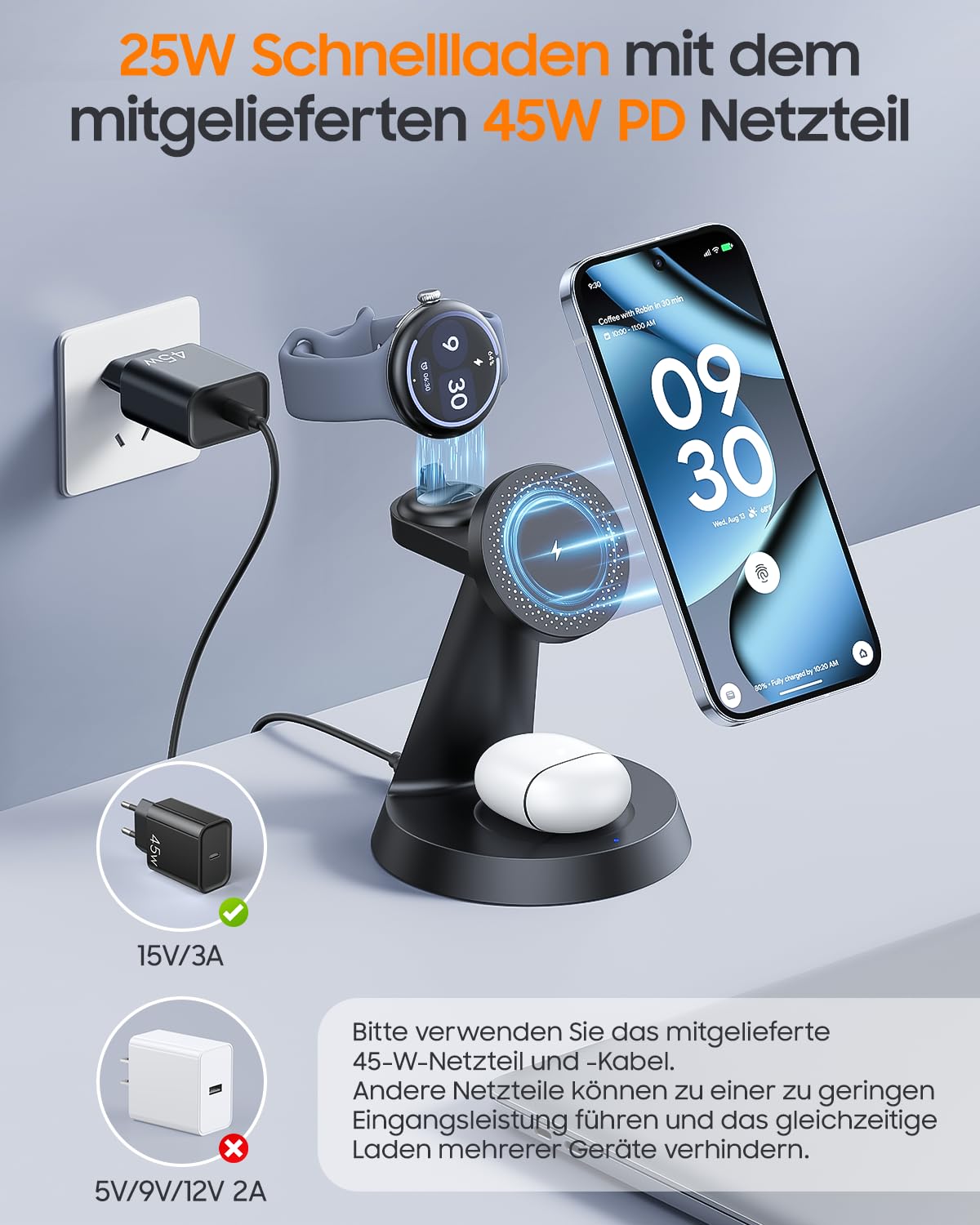Meifigno 25W 3 in 1 Induktive Ladestation für Google Pixel Watch 5 & 4