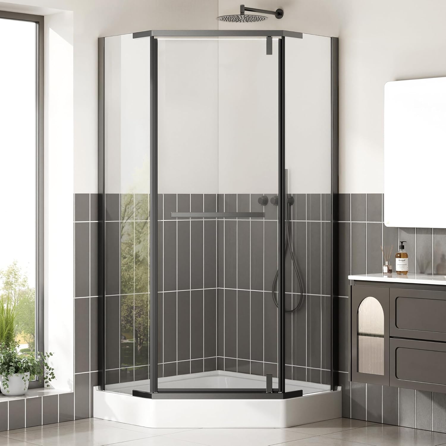 Neo-Angle Corner Shower Doors 36" D × 36" W × 72" H, Frameless Pivot Shower Door, 1/4" (6 mm) SGCC Tempered Glass with Safety Film & Nano Coating Matte Black (Shower Base Not Included)