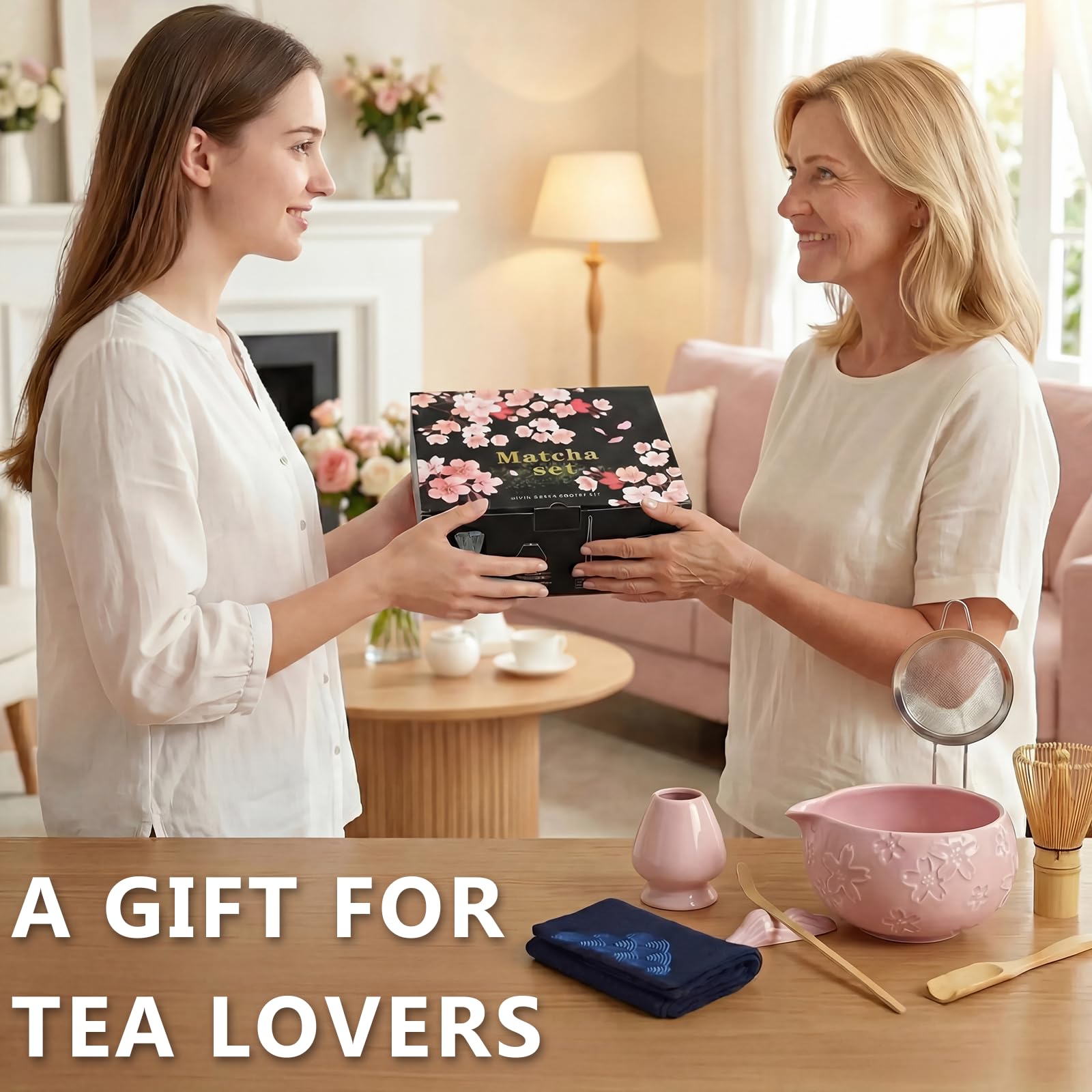8 pezzi Matcha Kit, Matcha Set tradizionale in ceramica con Frusta Matcha, Ciotola, Cucchiaio, Filtro, Supporto, Kit Matcha completo, Elegante Set per Amanti del Matcha, Rosa