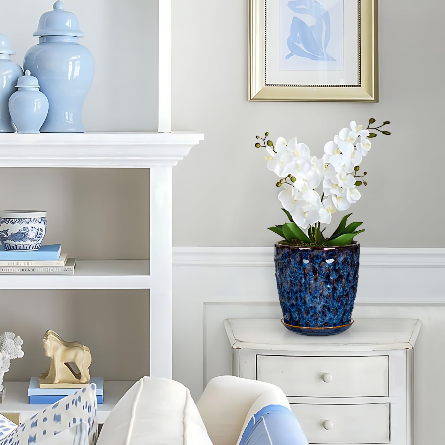 15+19 cm Blumentopf Blau Übertopf mit Untersetzer Abflussloch Pflanzgefäß | Arborus 2er Set Keramiktopf Zimmerpflanze Topf Selbstbewässernder Modern Matt Blumentöpfe für Gemüse Blumen Pflanzen Deko