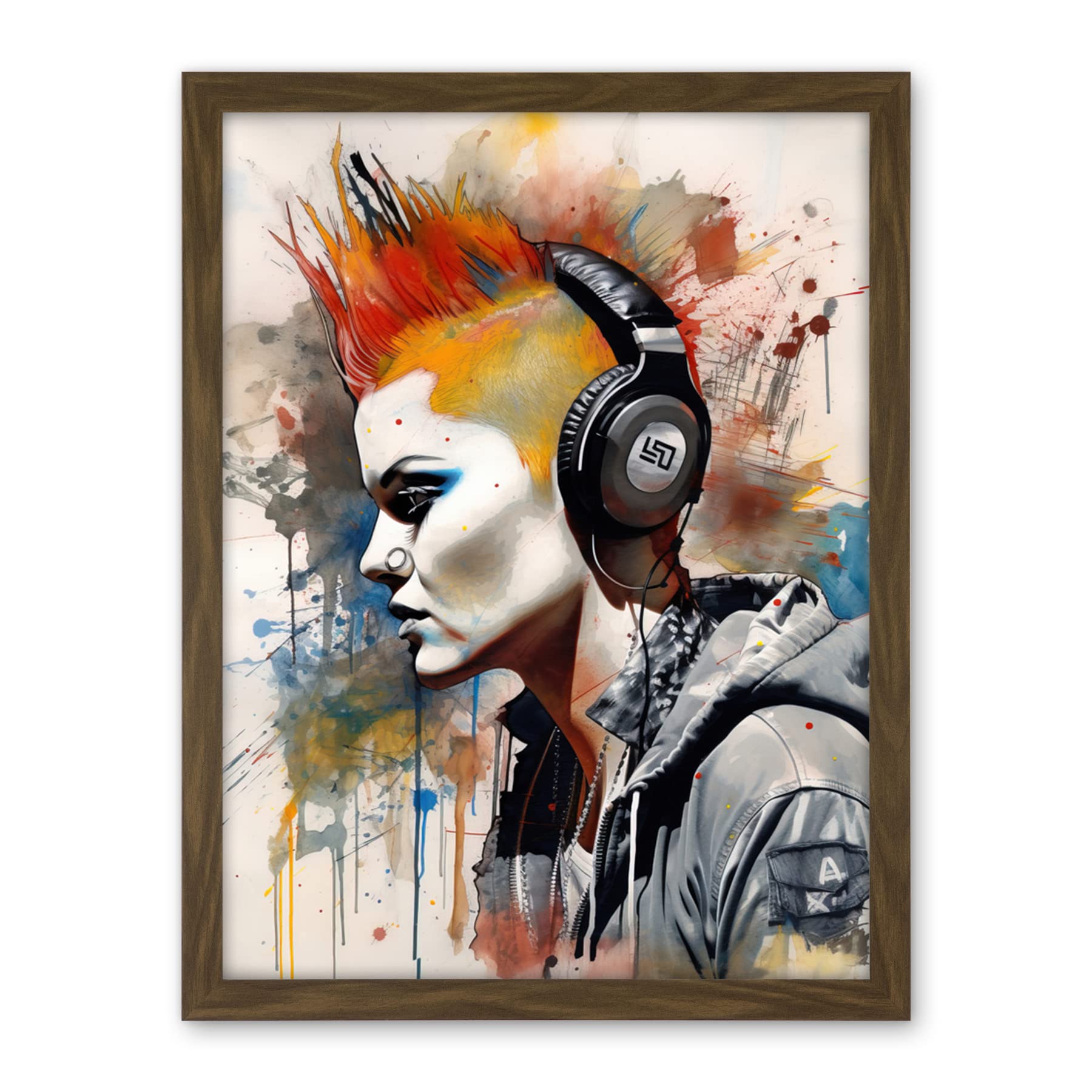 Artery8 Edgy Young Punk Woman with Red Mohawk and Headphones Listening to Music Modern Watercolour Painting Artwork Framed Wall Art Print 18X24 Inch