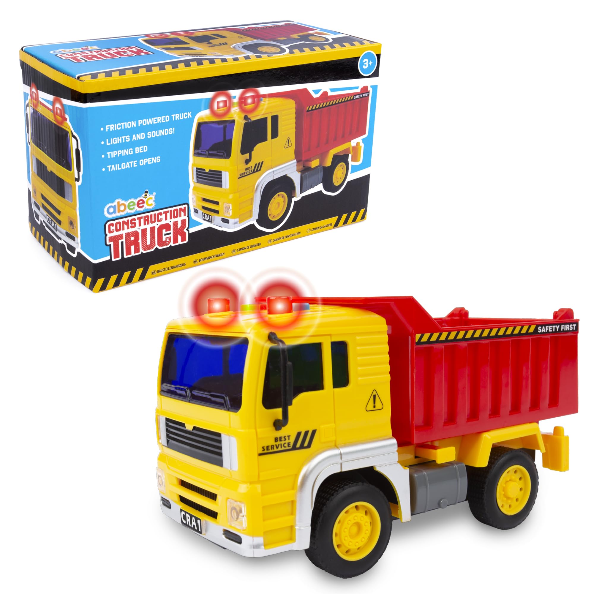 abeec Construction Truck Toy with Tipping Bed | Friction Powered Toy Vehicle for Kids | Lights & Sound | Dump Truck for Toddlers | Gift Boxed | Age 3+