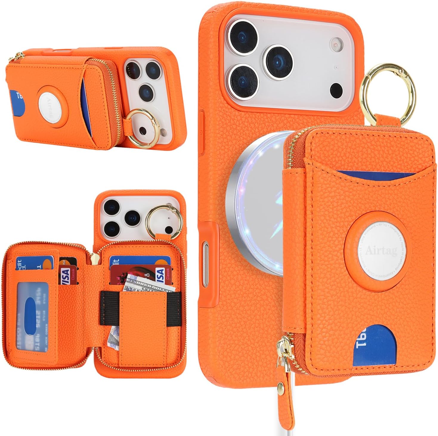 Cavor Compatible with MagSafe for iPhone 17 Pro Max Wallet Case with AirTag Holder，2 in 1 PU Leather Magnetic Detachable Card Holder Ring Kickstand Zipper Phone Case for Women Men-Orange