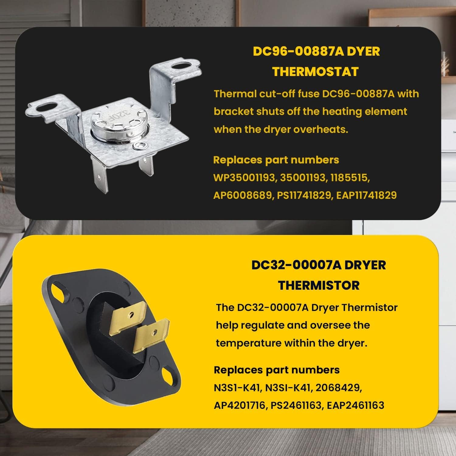 DC47-00019A Dryer Heating Element & DC96-00887A & DC47-00016A & DC47-00018A & DC32-00007A Thermal Fuse, Thermostat Parts - Compatible With Sam-sung dv42h5000ew/a3 dv45h7000ew/a2 dv40j3000ew (5 Pack)