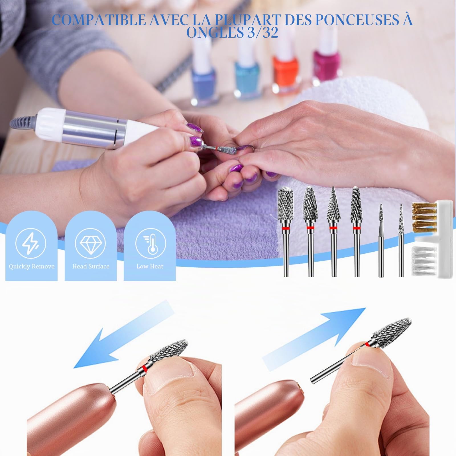 Embout Ponceuse Ongles, 6Pcs Forets à Ongles Tungstène, 1 Pinceau, Embout Depose Ponceuse Ongles Professionnel pour Manucure et Pédicure, Enlever le Gel et Les Cuticule (StilC)