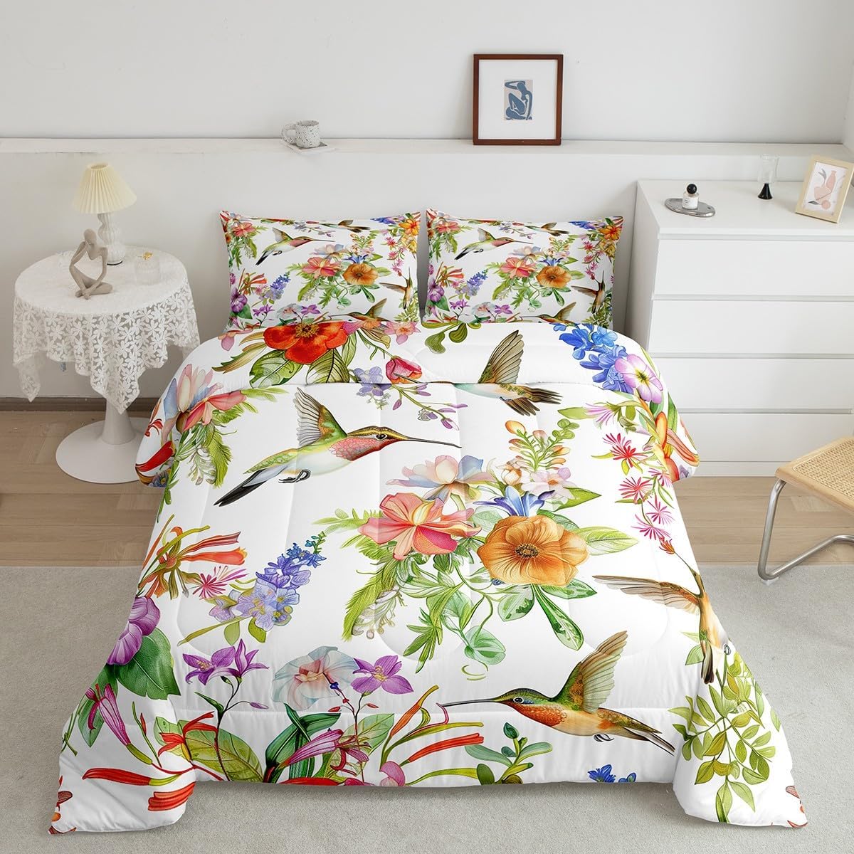 Erosebridal Hummingbird Bedding Sets Birds Floral Quilt with Flat Fitted Sheet 7 Piece Twin Spring Garden Botanical Flowers Bed in A Bag Wild Animals Natural Theme Comforter Set