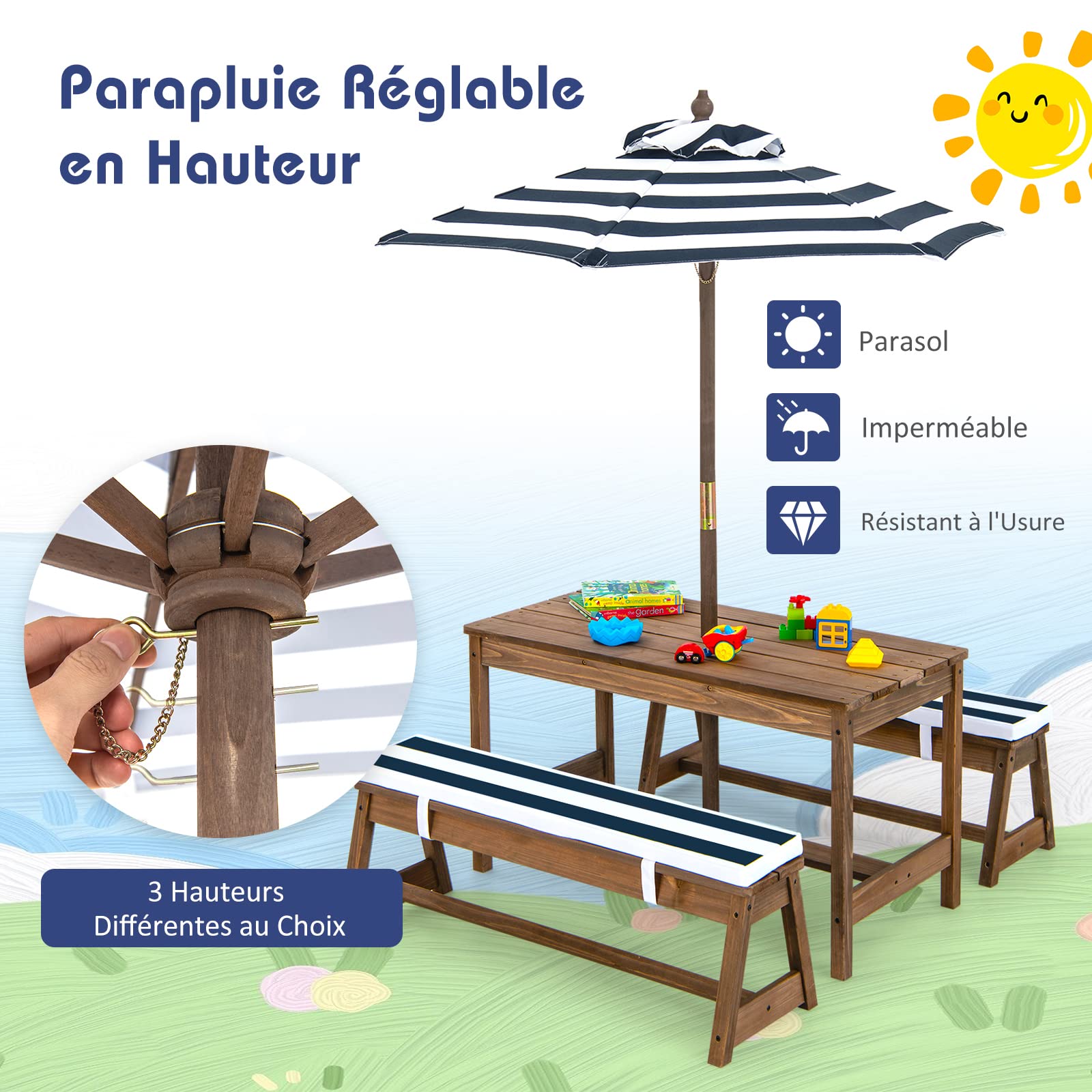 GOPLUS Table Enfant Extérieur avec Banc, Table Pique-Nique Enfant en Bois avec Parasol Hauteur Réglable, Salon de Jardin pour 1-4 Enfants, pour Terrasse, Patio, Balcon (Bleu)