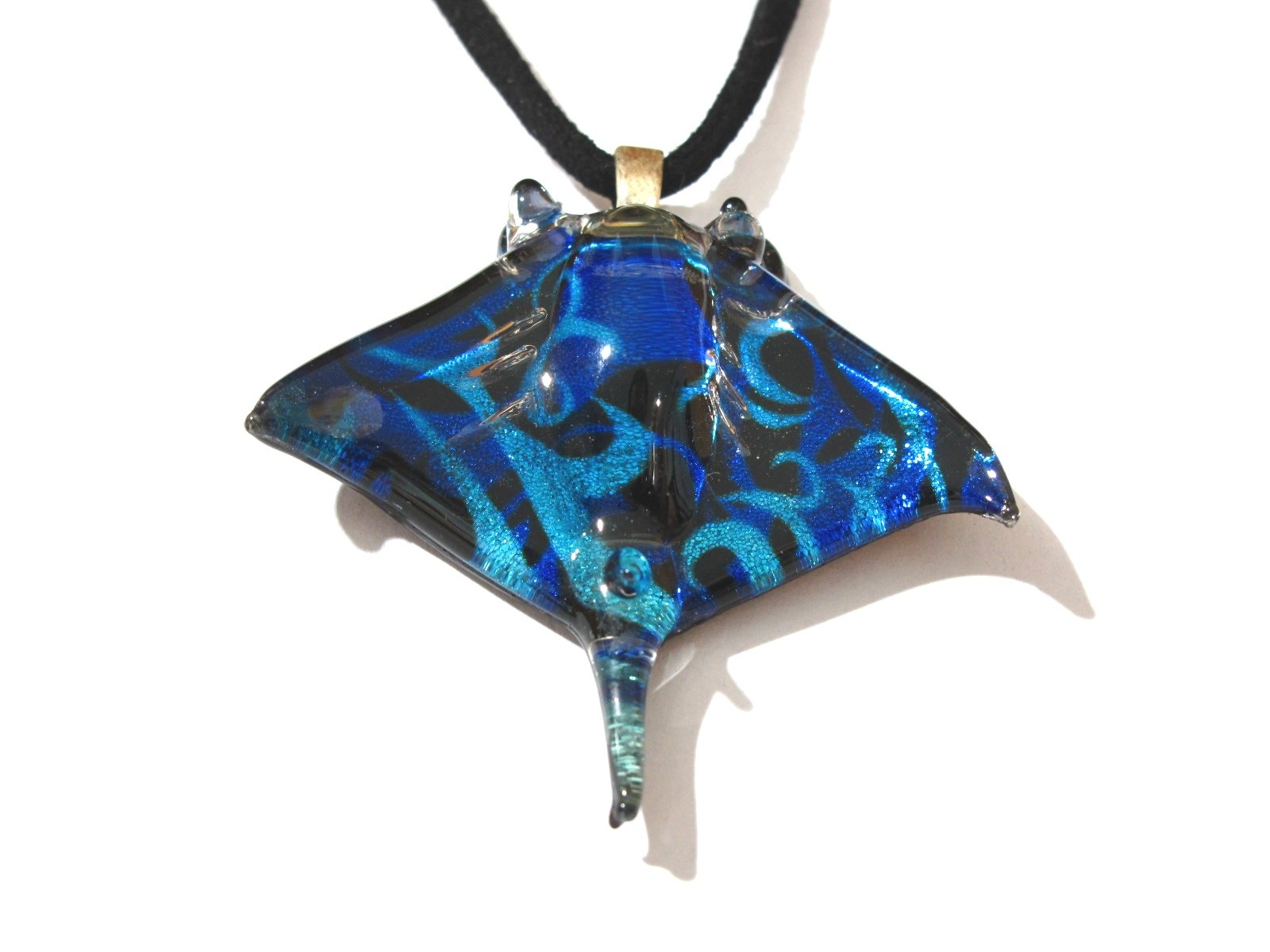 Handmade Blown Glass Blue Manta Ray Stingray Unique Pendant Necklace, Sea Animal Figurine, Cute Jewelry, Gift Ideas for Women and Men