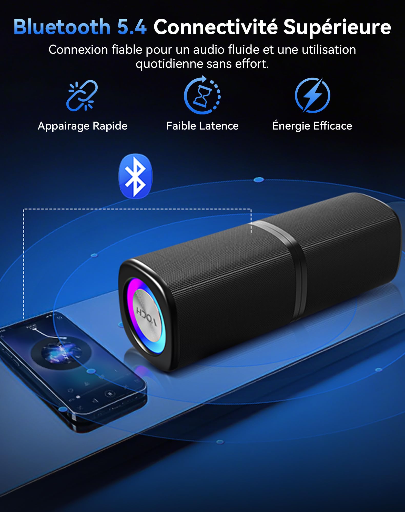 VOCH Enceinte Bluetooth Portable sans Fil Haut-Parleur 2‑en‑1 Magnétique avec Lumières RGB, Stéréo Puissante, Bluetooth 5.4, Appairage TWS, Étanche IPX7, 20H Autonomie pour Fête, Maison