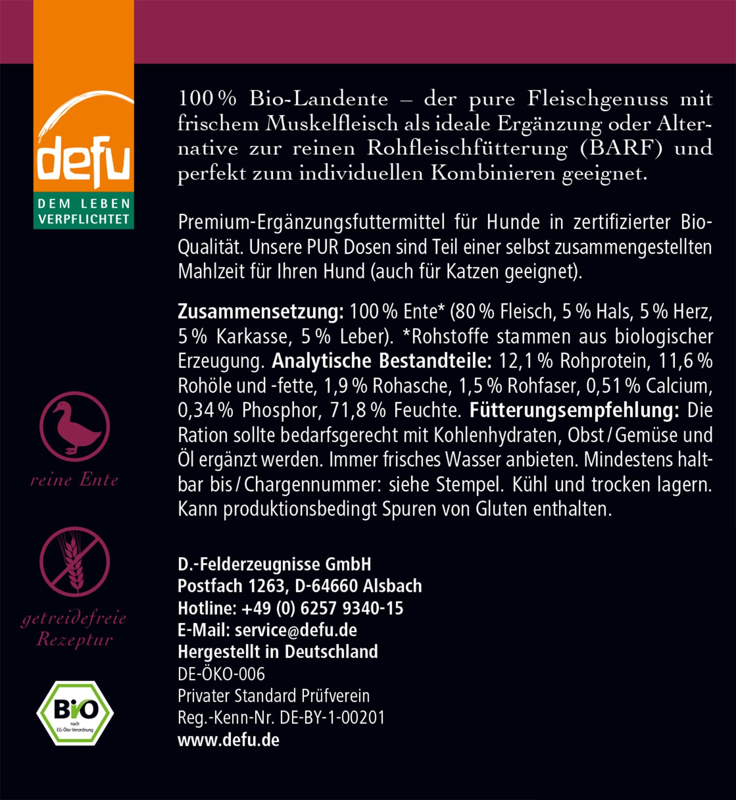 defu Hundefutter | 12 x 400 g | PUR Bio Landente | Premium Bio Nassfutter | Ergänzungsfuttermittel für Hunde