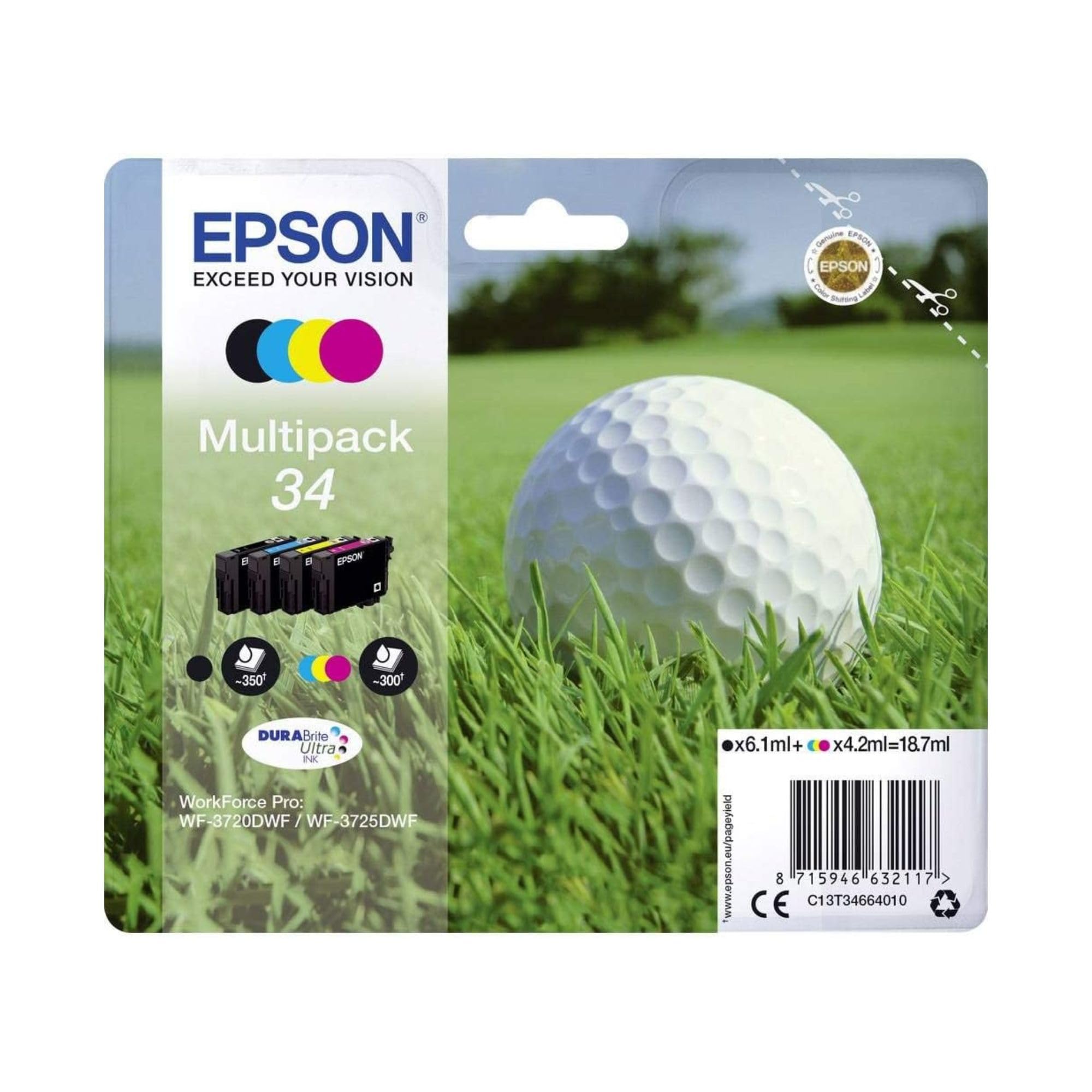 Multipack di cartucce originali Epson DURABrite Pallina da golf 34 - 4 colori: Cartuccia nero, ciano, magenta, giallo - 1 x 6,1 ml, 3 x 4,2 ml - I migliori risultati con gli inchiostri originali Epson
