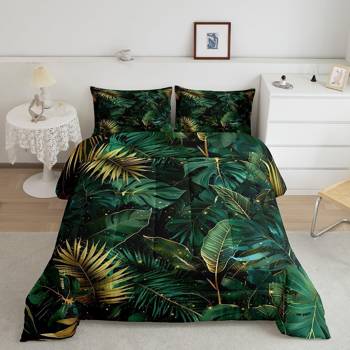 Erosebridal Palm Leaf Queen Bedding Comforter Sets Tropical Palm Tree Bedding Set Green Plant Leaves Comforter Set Watercolor Botanical Leaf Quilt Set for Kids Boys Girls Teen Room Decor