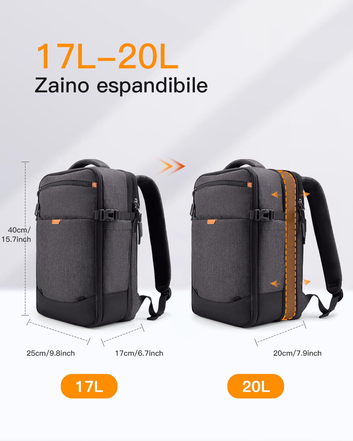 Inateck 17-20L Zaino Viaggio Aereo, Bagaglio a Mano per Ryanair 40x20x25cm Espandibile Borse da Cabina, Donna Uomo per Easyjet, Compatibile con PC 14 Pollici, Resistente agli Schizzi, Nero