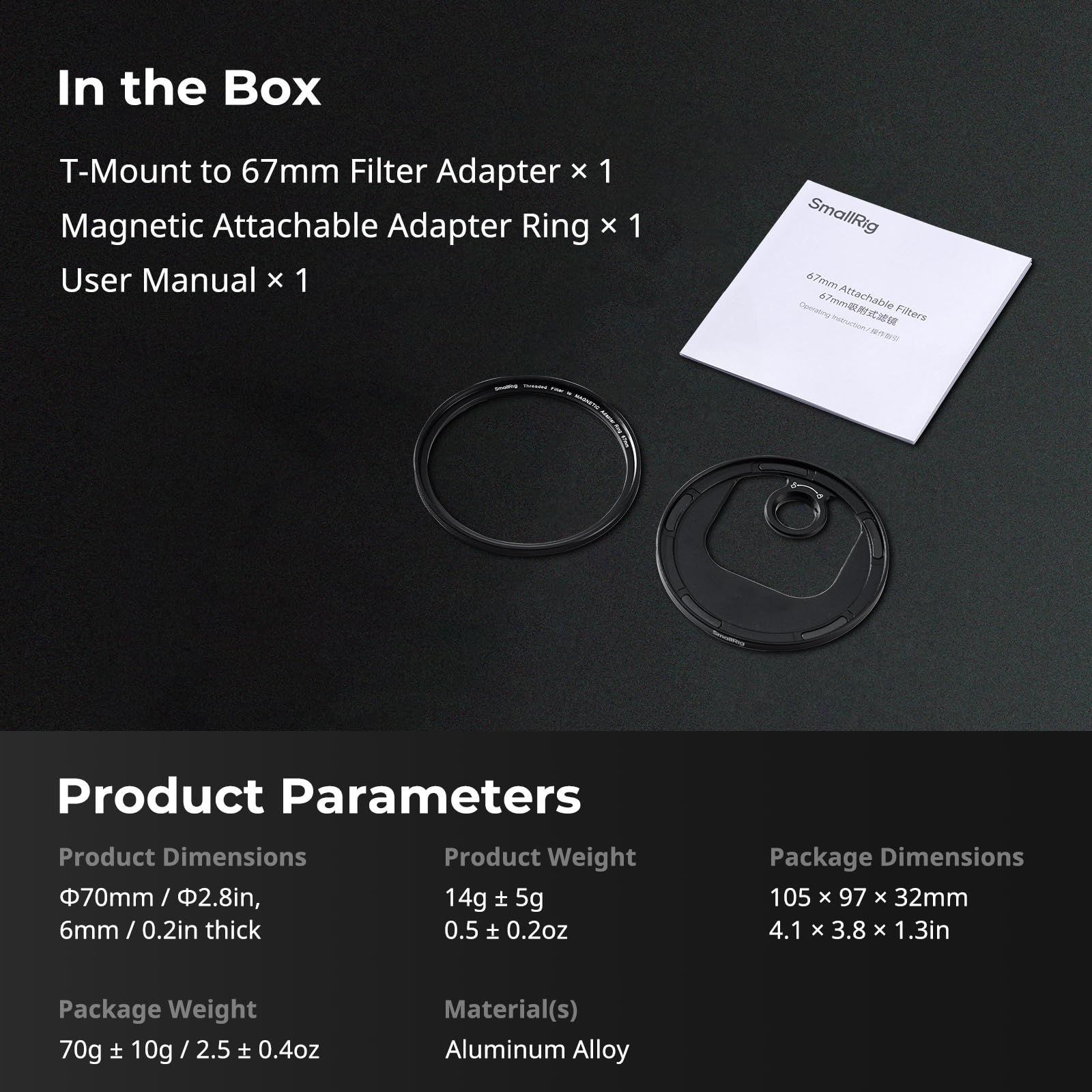 SMALLRIG Magnetischer T-Mount auf 67 mm Ansteckbarer Filteradapter, Verwendung mit SMALLRIG T-Mount Backplate 4399 für SMALLRIG Telefonkäfig für iPhone 15 Serie 4407/4392 / 4397-4585