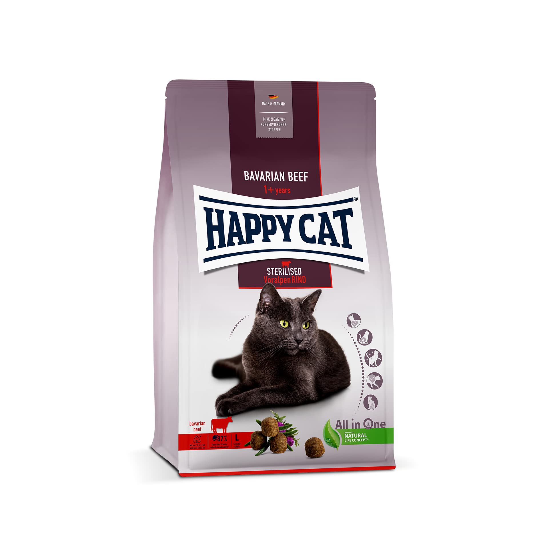 Happy Cat 70575 – Sterylised Adult Voralpen wołowina – sucha karma dla sterylizowanych kotów i kaców – zawartość 4 kg