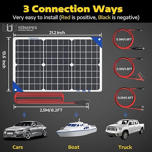 Miniatura 5 de SUNAPEX Cargador de batería solar de 30 W, 12 V, impermeable, panel solar, cargador de goteo para coche, barco, RV, camión, motocicleta, tractor