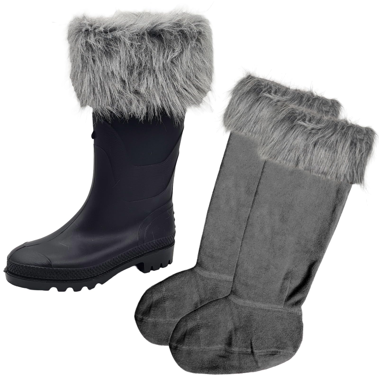 Sock-Tec Women's Grey Fleece Wellie Socks Faux Fur Cuff Tops Adult Girls Welly Wellington Boot Thermal Liners Warm Outdoor Sock One Size 3-5 (Uk, Numeric, 3, 5, Regular, Regular, )