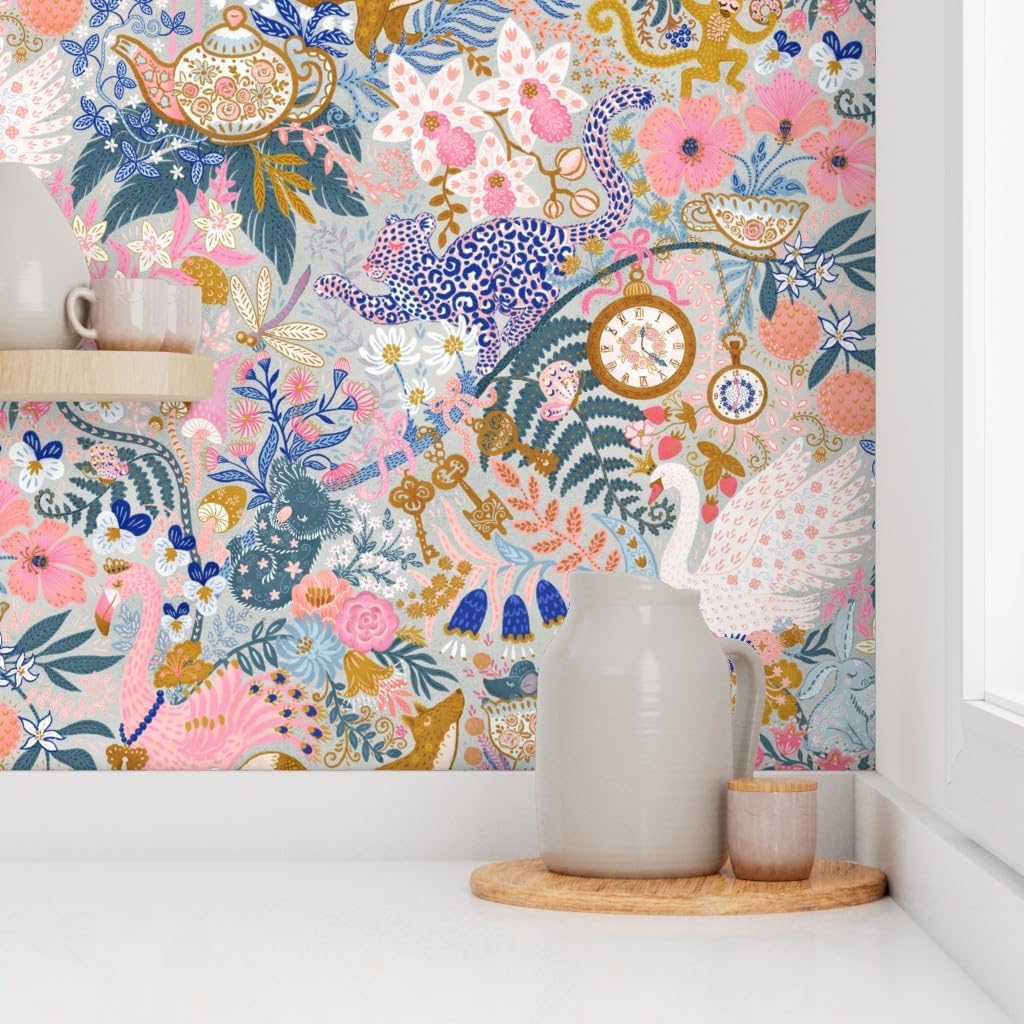 Peel & Stick Wallpaper 3ft x 2ft - Tea Time Fairy Tale Animas Whimsial Maximalist Gray Pink Custom Removable Wallpaper by Spoonflower
