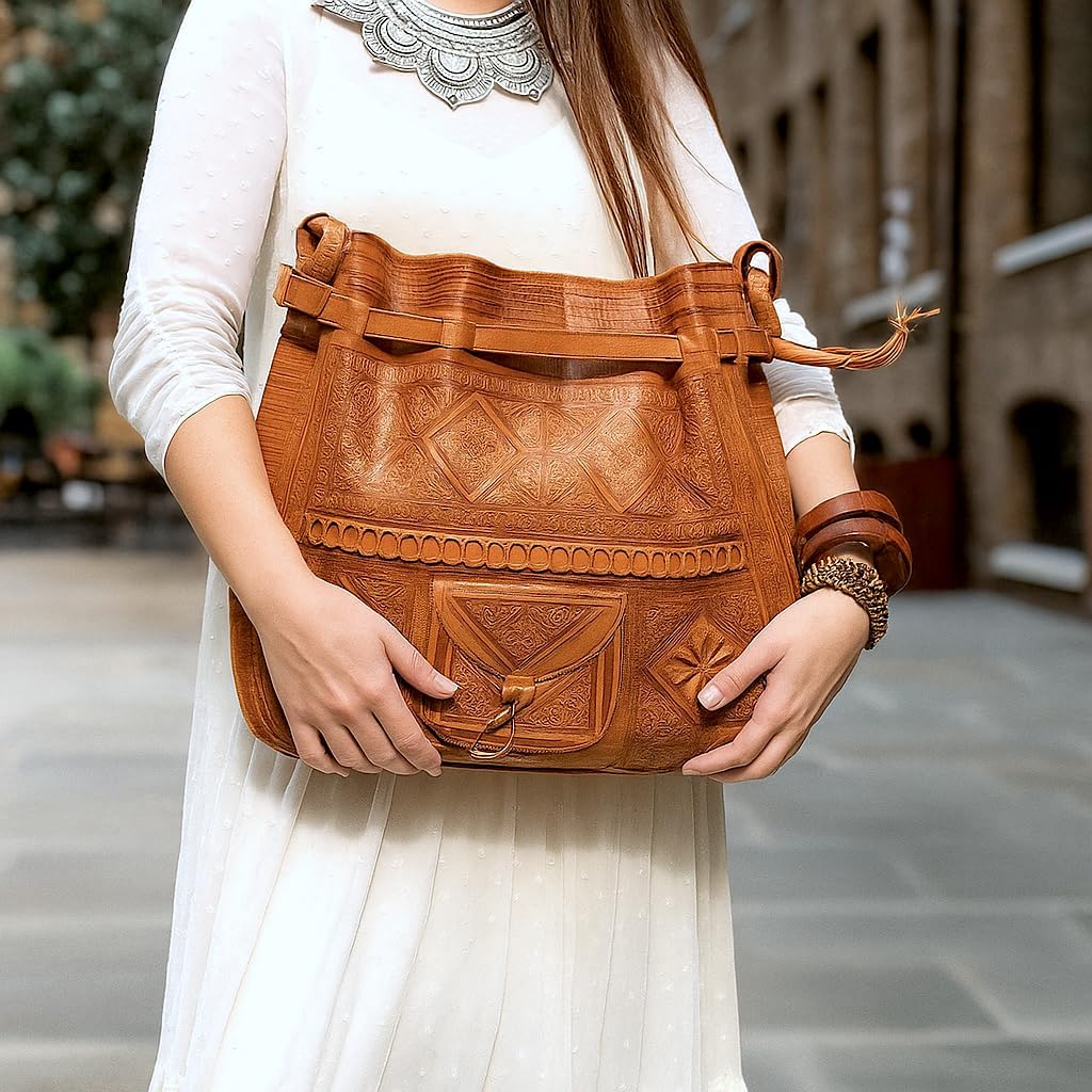 Moroccan Leather Bucket Bag, Handmade Boho Crossbody Drawstring Purse for Women - Image 3