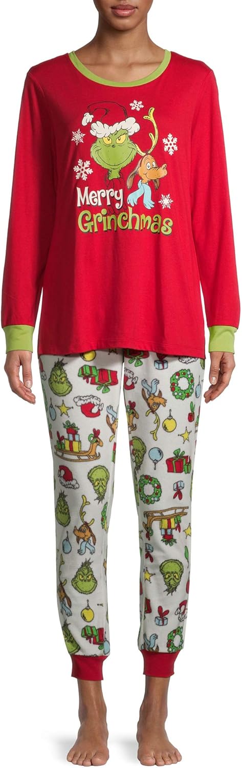 The Grinch who Stole Christmas Men Women Merry Grinchmas Unisex Fleece Pajama Set (Women, Large)