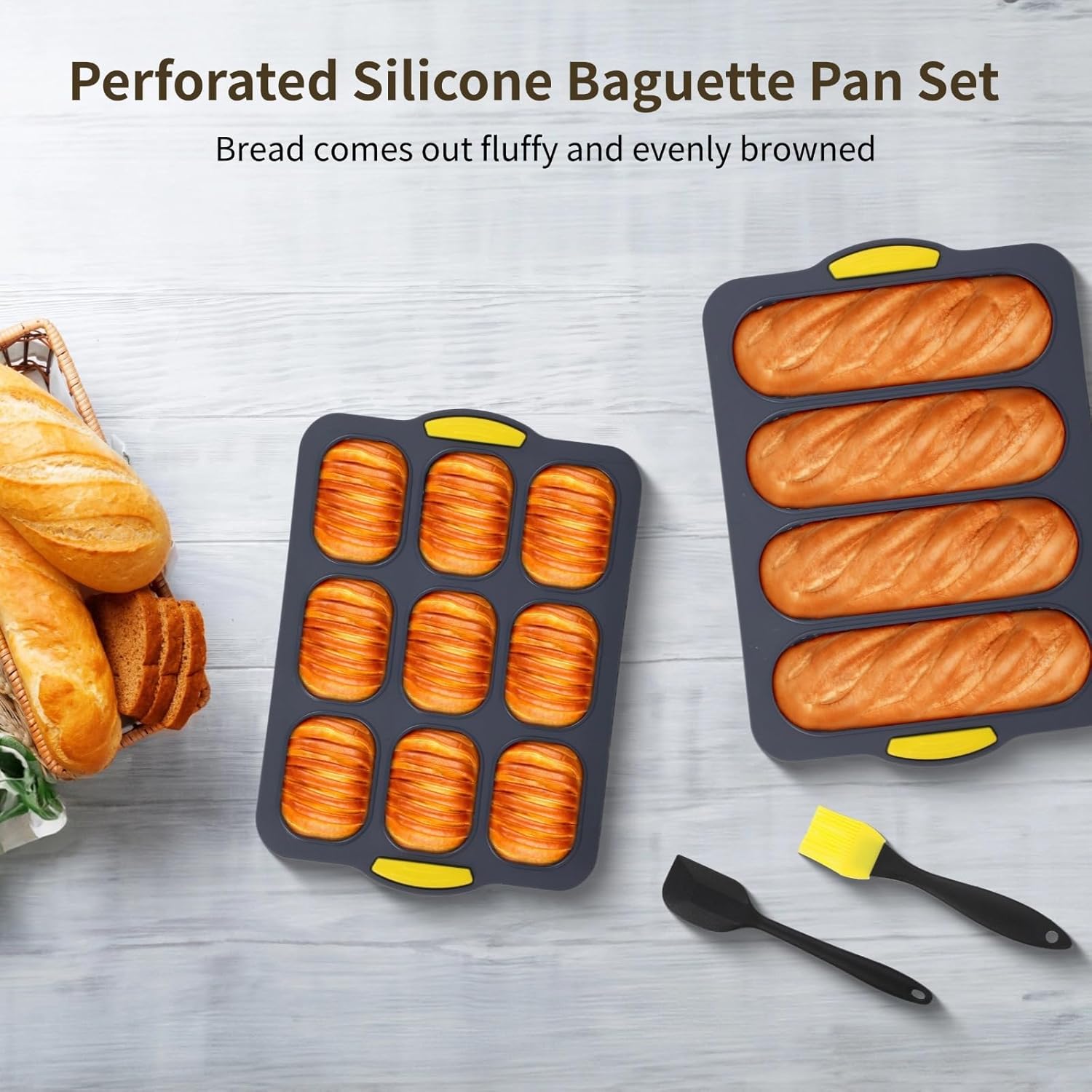 4 Pcs French Bread Molds, Non-Stick Silicone Pan with Spatula & Oil Brush, 9 and 4 Cavity Perforated Silicone Baking Sheet Set