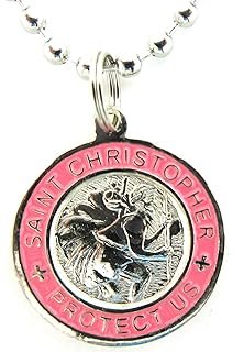 St. Christopher Surf Medal Necklace Pendant, Protector of Travel sv/pi Silver/Pink Small