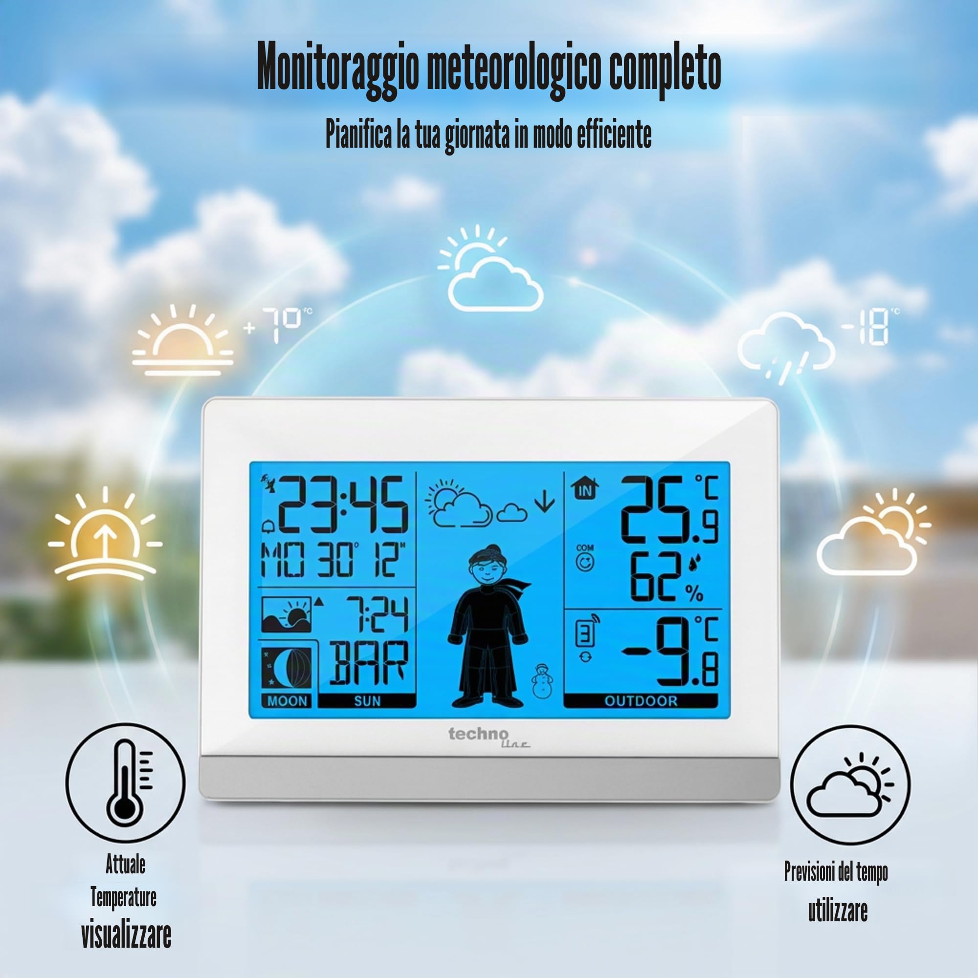 Technoline WS9612 in bianco, con temperatura interna ed esterna, previsioni meteo, orologio radio