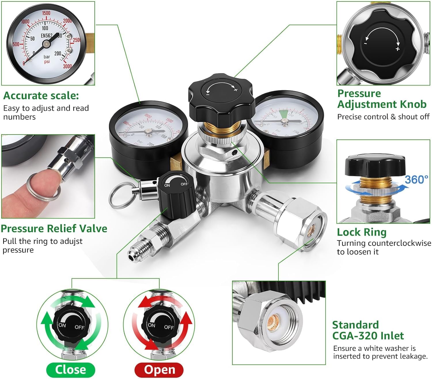 0-120 PSI CO2 Regulator High Pressure CGA-320 Beer Keg Regulator, Output Pressure Regulator Gas Regulator Gauge CO2 Tank Pressure Regulator with Pressure Release Valve for Beer, Soda Brewing