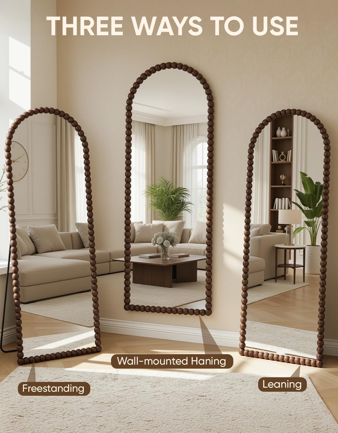 Antok Floor Mirror, 57"×21" Vintage Full Length Mirror Beaded Full Body Mirror with Stand, Hanging Mounted for Bedroom Living Room Cloakroom,Brown,Luxury Style - Image 9