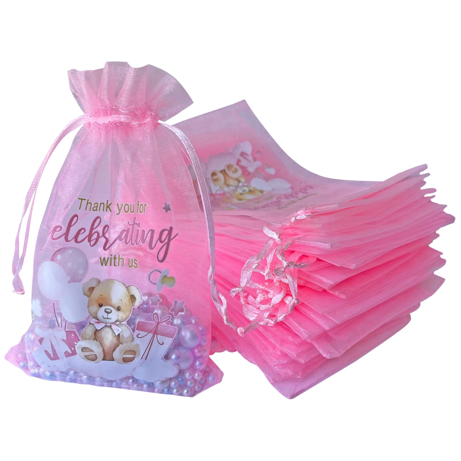 LXKBD 50PCS Organza Bags for Baby Shower Party Favor,4x6 Inch Small Pink Sheer Drawstring Mesh Pouch Treat Bags for Girl Birthday Gift Bag