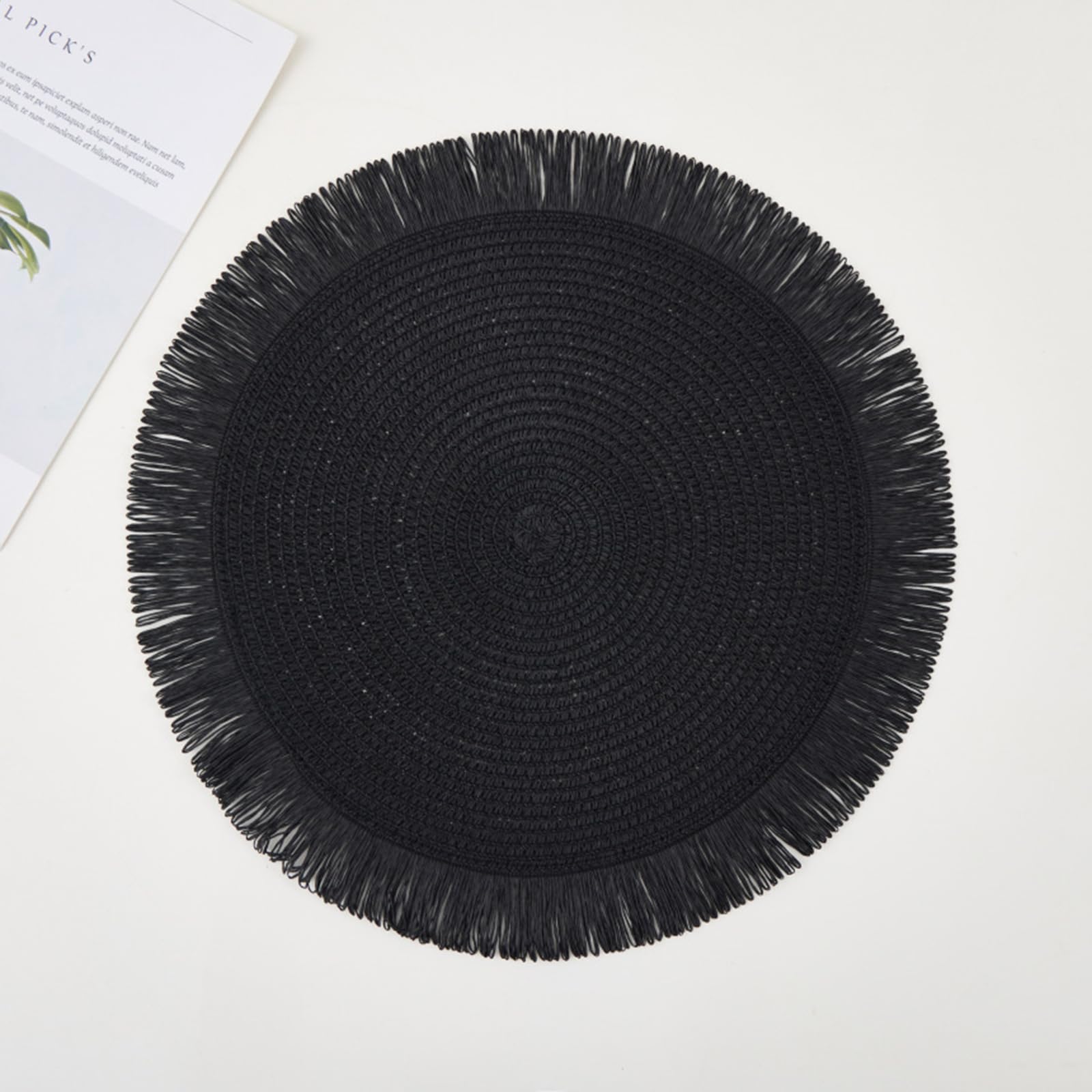 Manteles individuales redondos trenzados, hechos a mano, con flecos, resistentes al calor y fáciles de limpiar, manteles individuales de estilo granja para cocina, mesa de comedor y hogar (negro, 8