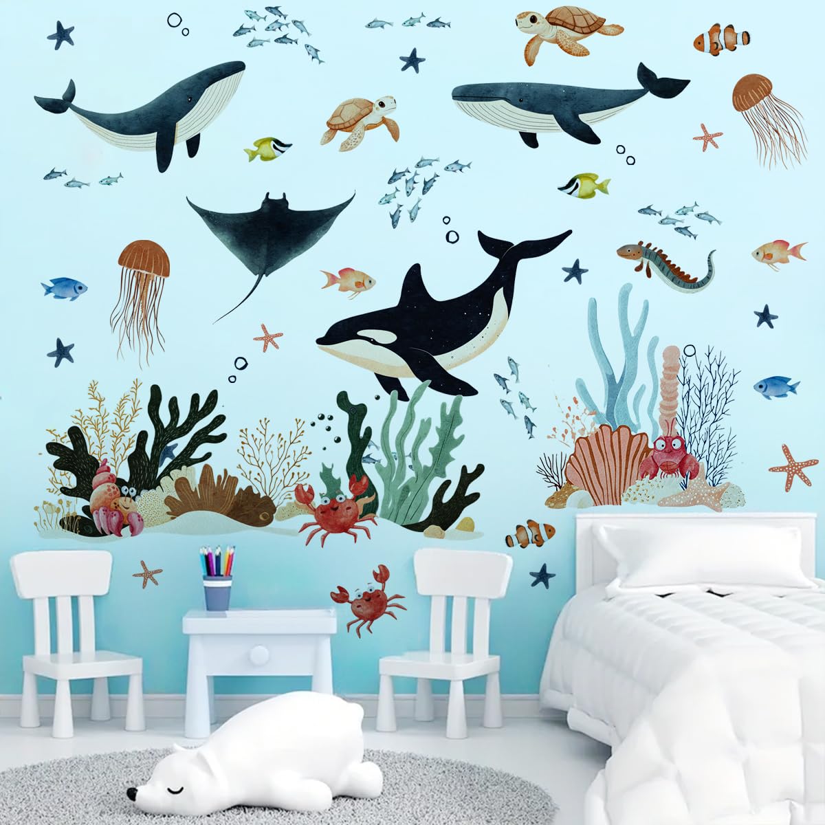 Ocean Wall Decals, Under The Sea Animals Wall Stickers, Waterproof Peel and Stick Removable Ocean, for Baby Nursery Boy Girls Room Bedroom Bathroom