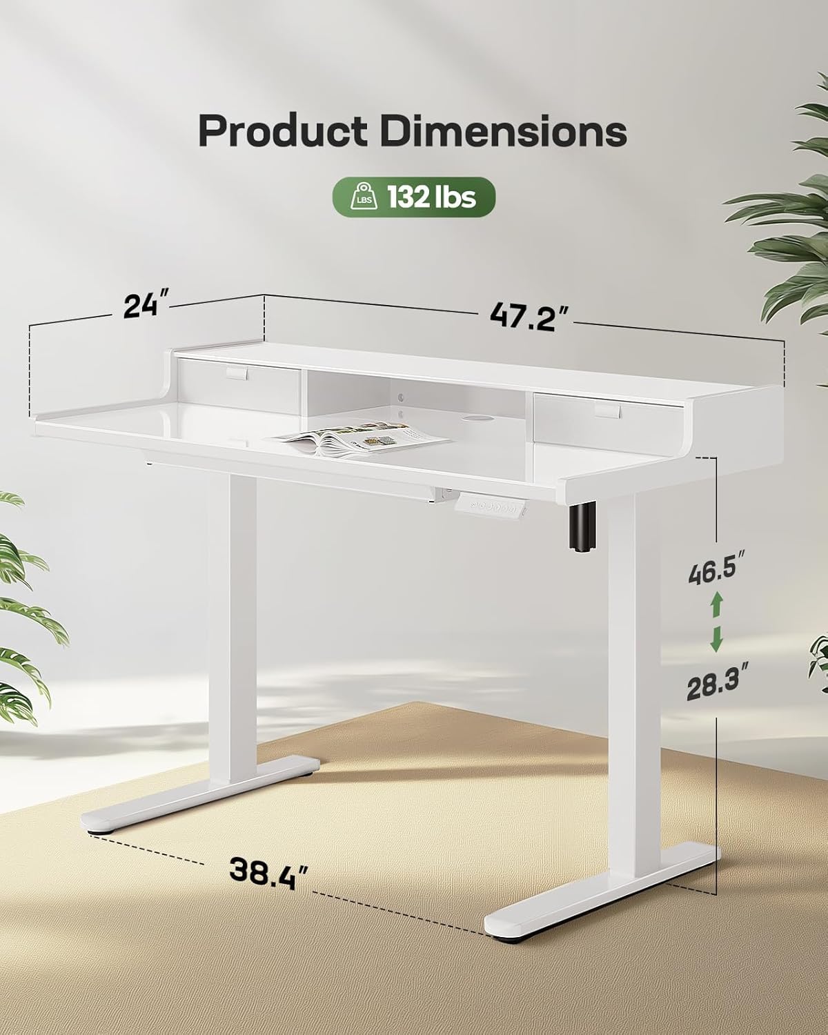 Marsail 48x24 inch Glass Standing Desk with Drawers, Computer Desk with Monitor Stand, Home Office Adjustable Table with Drawers, 4 Preset Heights, Stand up Table for Home, Office, White