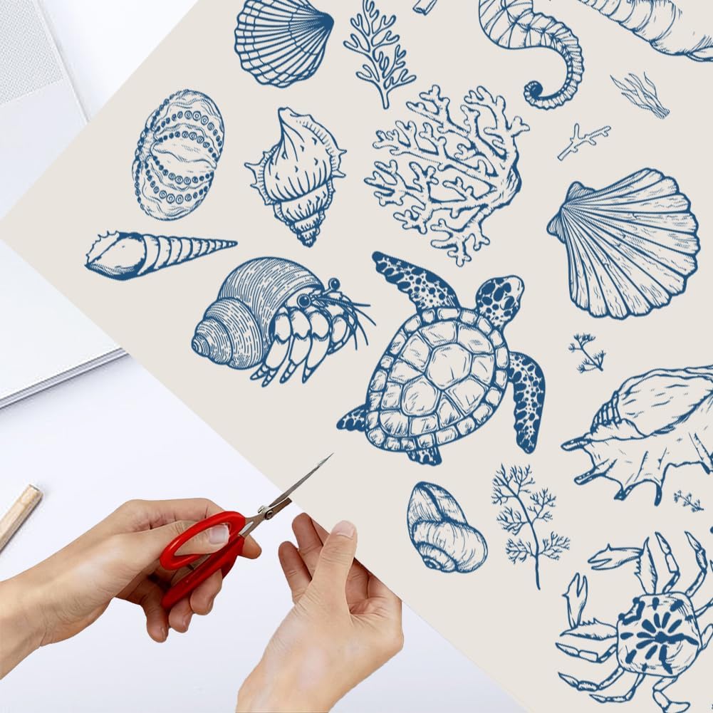 4Pcs Ceramic Transfer Sheets Underglaze Transfer Decals Blue Ocean Animal Shell Conch Pattern Waterslide Porcelain Paper for Pottery Clay Enamel Decoration Ceramic Art Supplies 21 x 15 Inch