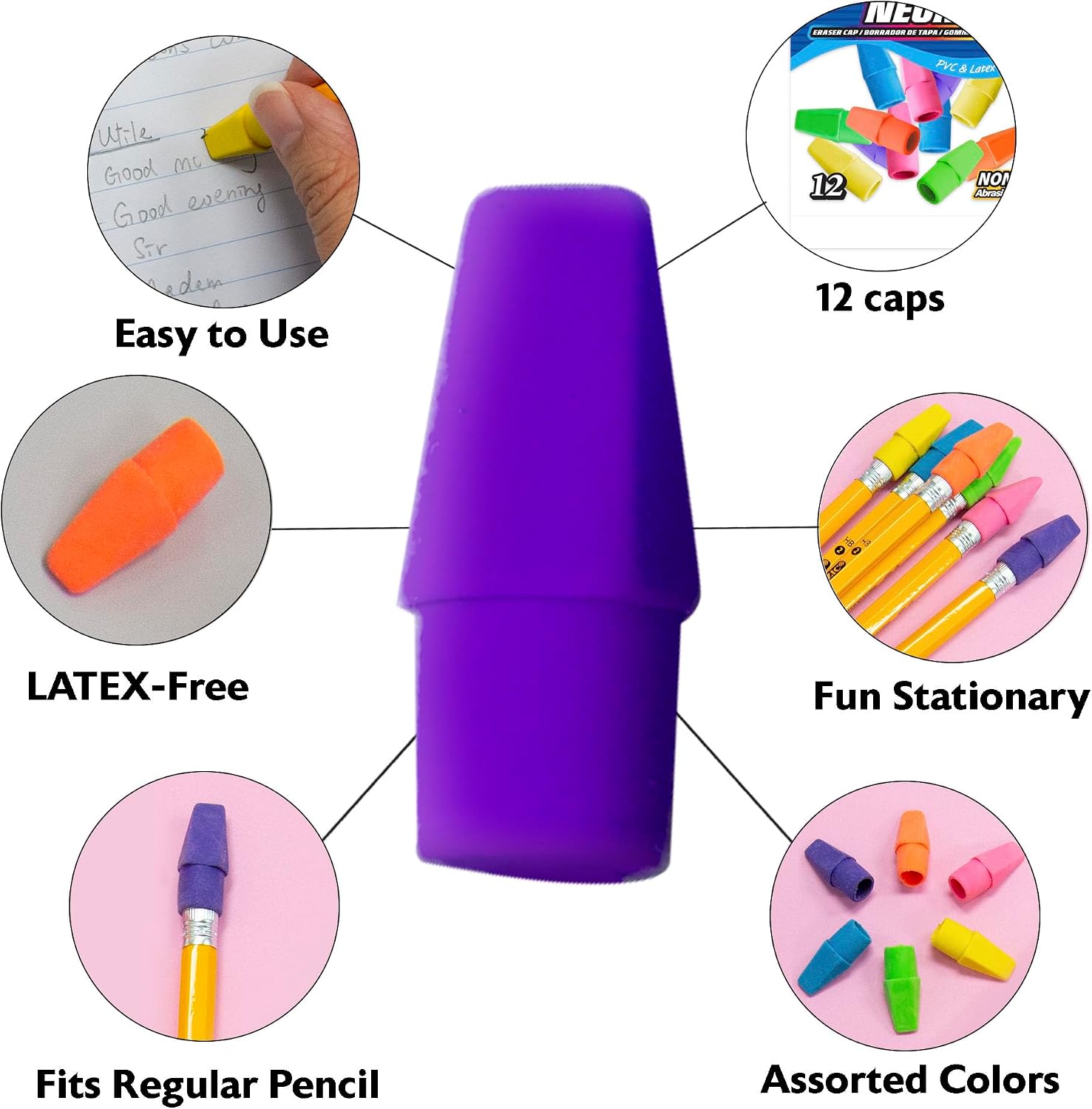 BAZIC Products Neon Pencil-Top Eraser Caps, Latex-Free, PVC-Free, 12 Count image 3