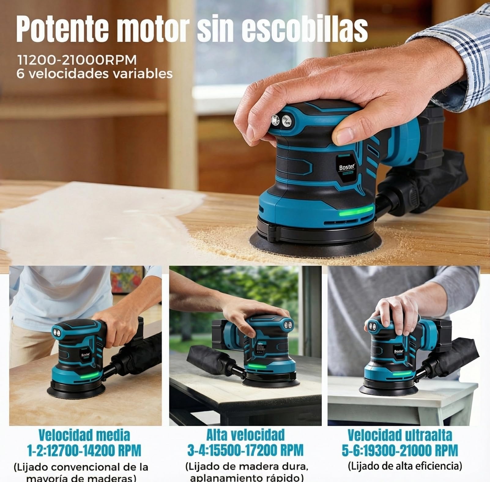 Bostar Lijadora Excéntrica de Batería 18V, Motor Sin Escobillas Ø 125mm, Set con 2x Baterías 3.0Ah (BMS), 21.000 OPM, 6 Niveles Digitales, Compatible con Batería Makita 18V LXT, Madera y Pulido Coche