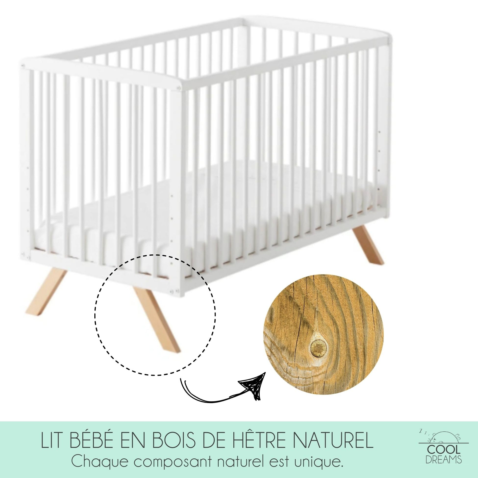 COOL · DREAMS Lit bébé évolutif Nuru. Inclus kit de cododo pour Fixer Le lit en Toute sécurité au lit des Parents et barrières Blanches pour Le Transformer en lit