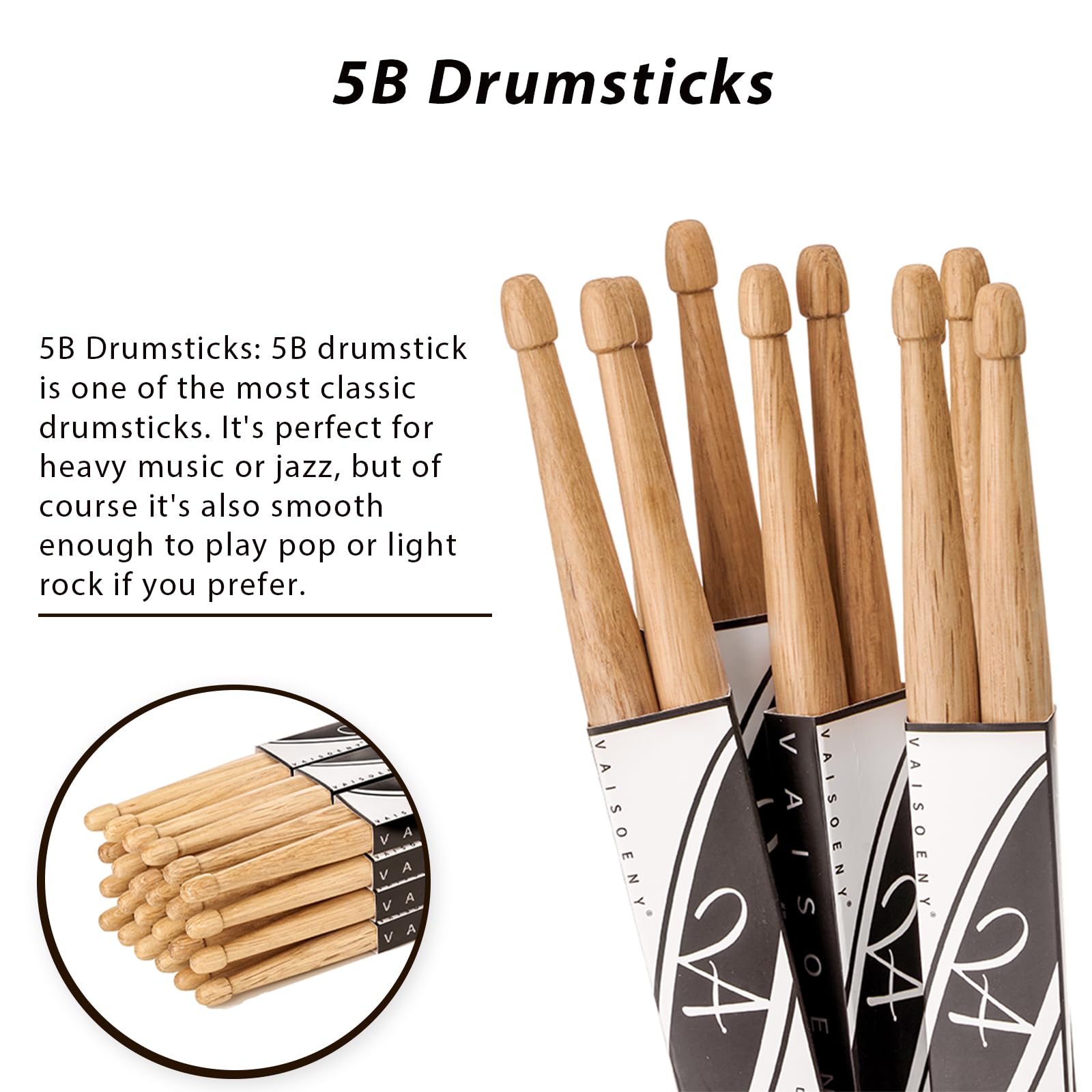 Bacchette per batteria 5B per adulti, 12 paia di bacchette classiche in legno di quercia per bambini, accessori professionali per strumenti musicali a percussione